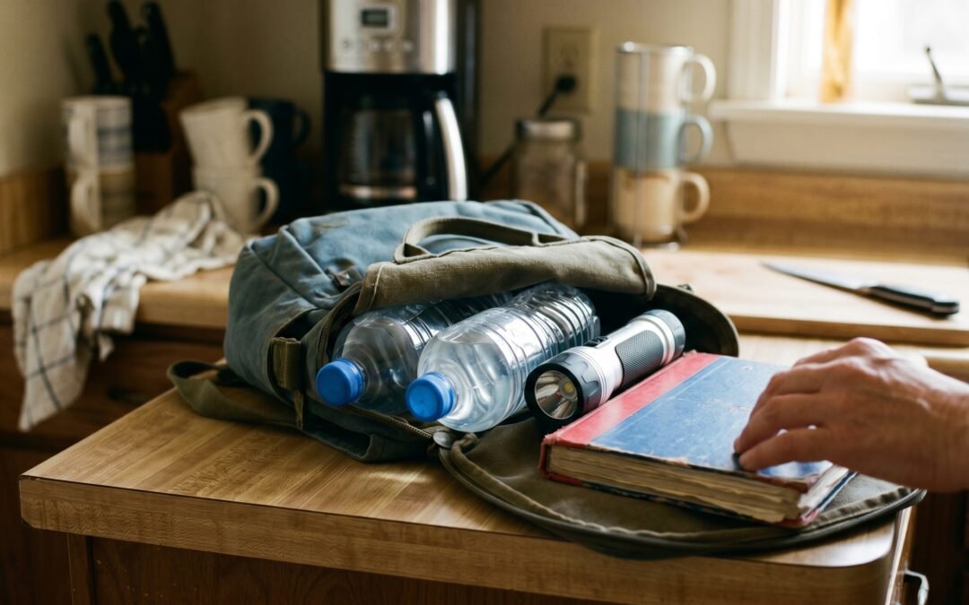 A well-organized emergency kit on a kitchen counter with a flashlight, water bottles, and a small binder, natural light