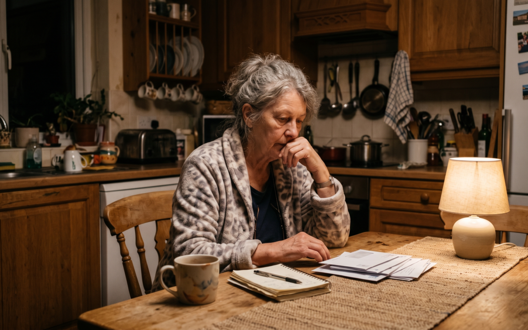 An older woman sitting alone at her kitchen table at night, soft lamp light, a stack of bills and a small notebook in front of her, contemplative expression. Real lived-in kitchen.