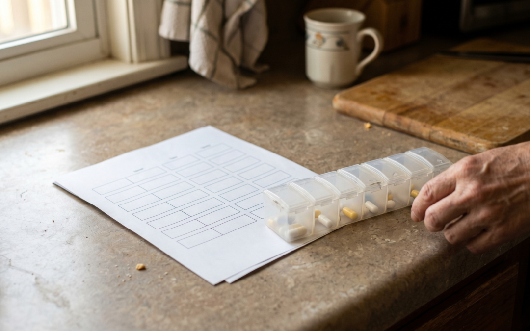 A simple printed medication list on a kitchen counter next to a pill organizer, natural light